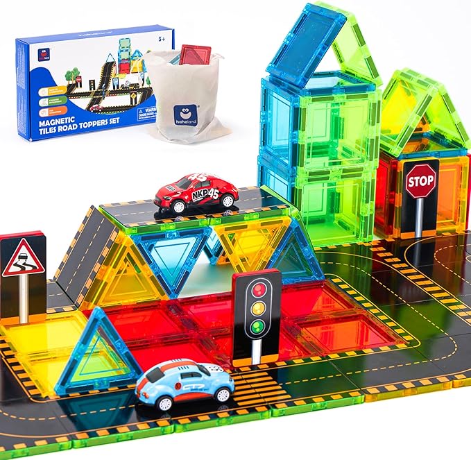 hahaland Magnetic Tiles Road Set - Magnetic Construction Toys with Cars for Ages 3-5 Toddlers Kids Preschool Montessori Toys for 3 4 5 6 7 Year Old Boys Girls Easter Birthday Gifts