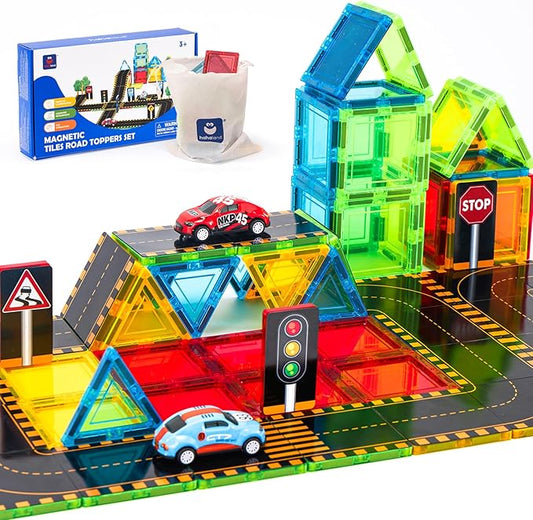 hahaland Magnetic Tiles Road Set - Magnetic Construction Toys with Cars for Ages 3-5 Toddlers Kids Preschool Montessori Toys for 3 4 5 6 7 Year Old Boys Girls Easter Birthday Gifts