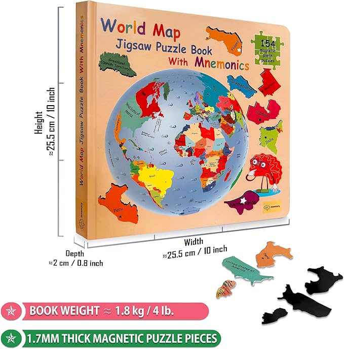 Geography Puzzle Book with Mnemonics | Magnetic World Map Puzzles for Kids & Adults (Ages 6+) | Learn Countries & Capitals with 154 Country-Shaped Puzzles, 200 Memory Tricks & 7 Maps
