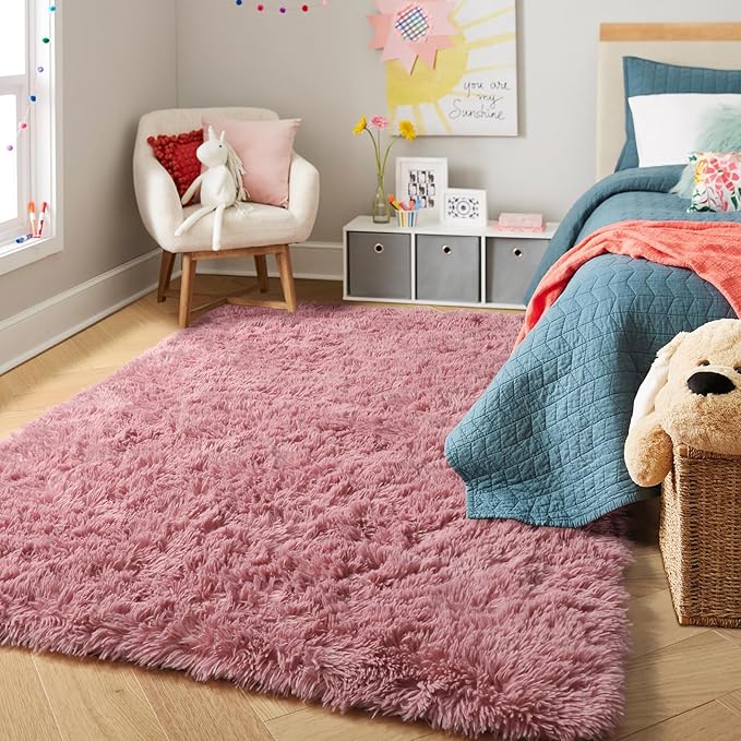 PAGISOFE Blush Pink Fluffy Shag Area Rugs for Bedroom Girls 5x7, Soft Fuzzy Shaggy Rugs for Kids Room Plush Furry Living Room Carpet Girls Teen Dorm Rugs for Home Decor Aesthetic, Nursery