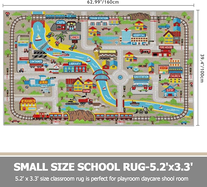 Capslpad Kids Rug for Playroom 3'3" x 5'2" Educational Learning Kid Play Area Rug Large Traffic Road Cars Play Mat for Kids Toy Nursery Rug Carpet for Living Room Home Decor, Tan