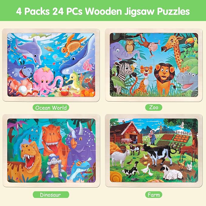 Jigsaw Puzzles Wooden Puzzles for Kids Ages 3-5 Preschool Educational Brain Teaser Boards Toddlers Toys Dinosaur Farm Zoo Sea World Gifts for 3 4 5 6 Year Old Boys Girls 4 Packs 24 Pcs