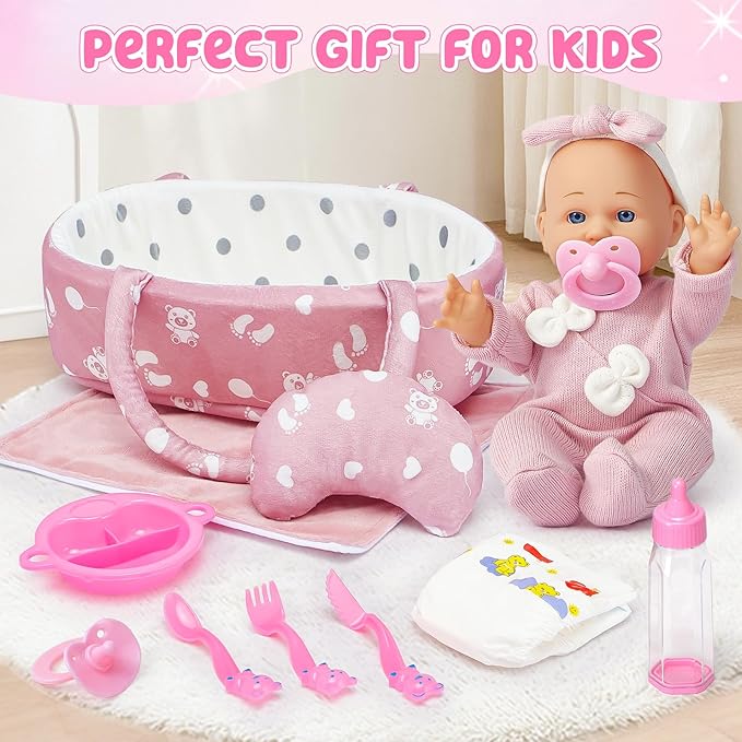 Golray 12" Soft Baby Doll Set with Accessories Bassinet Carrier, 13 Pcs First Toddlers Realistic Baby Doll Crib with Pillow/ Clothes/ Feeding Kit, Pretend Play Toy Birthday Gift for Girls Ages 3 4 5 6