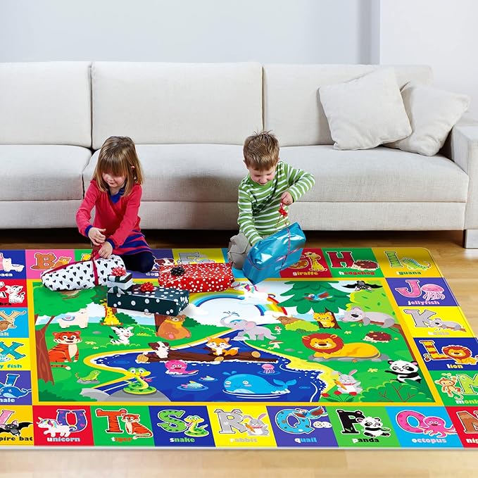 Kids Play Rug for Floor - Animal Print Baby Mat, ABC Educational, Non-Toxic & Soft for Crawling & Tummy Time, Nursery Rug (Green, 59x39.4 INCH)