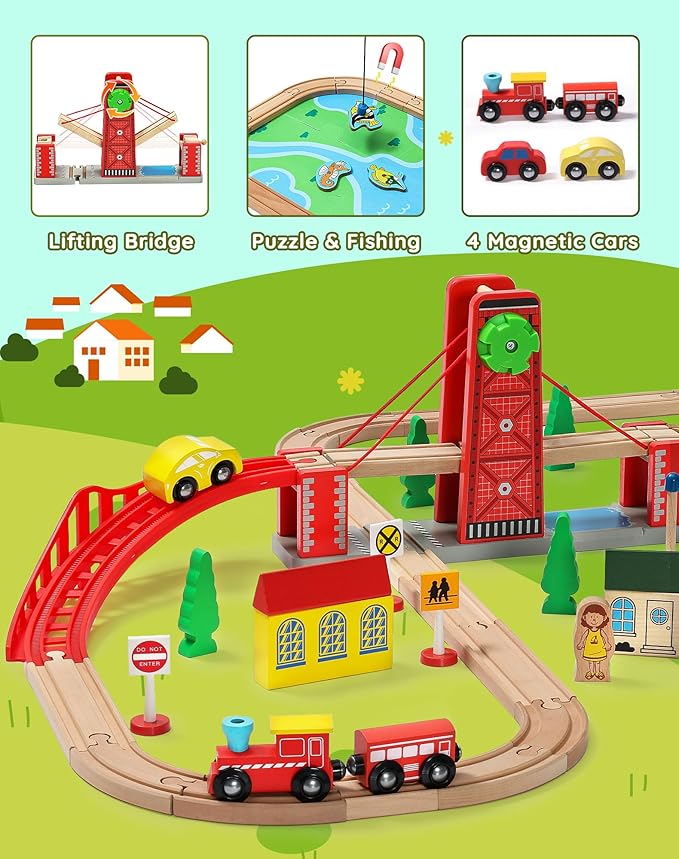 SainSmart Jr. Wooden Train Set for Toddler, Double-Side Wood Train Track with 4 Trains Fits Brio, Thomas, Melissa and Doug, Toy Railway Kit for Kids Ages 3+