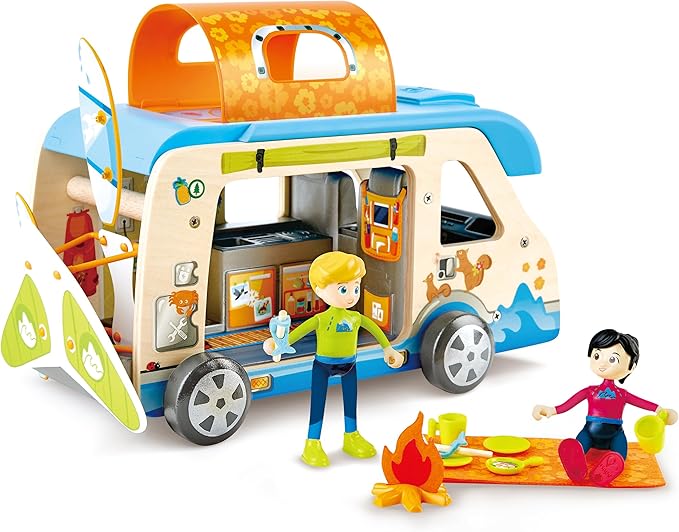 Hape Adventure Van| 23-Piece Wooden Pretend Play Camper Van Toy Set with Camping Accessories