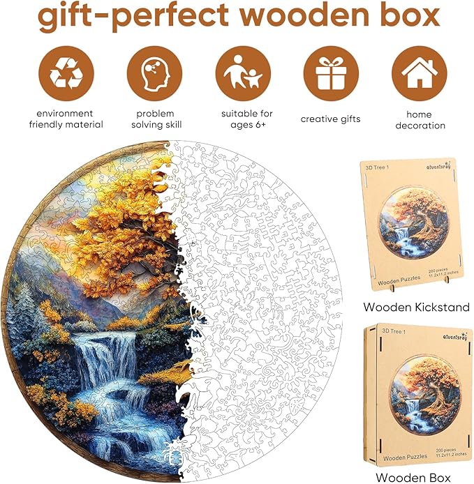 Puzzles for Adults, Tree of Life Waterfall River Wooden Jigsaw Puzzles 200pcs,11.2x112in, Medium, Unique Shape Adult Puzzles,Irregular Wood Creative for Adults and Kids Family Game