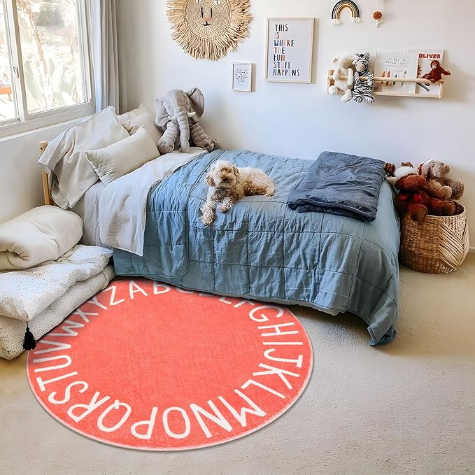 Topotdor Round Kids Play Rug Alphabet Nursery Area Rug Extra Large Soft Crawling Play Mat for Children Toddlers Bedroom (47 inch,Coral)