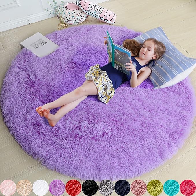 Amdrebio Purple Round Circle Rugs 6Ft for Girls Bedroom Decor Aesthetic, Large Fluffy Fuzzy Area Rugs for Kids Room, Soft Cute Furry Plush Shaggy Lavender Carpet for Living Room, Baby Nursery, Dorm
