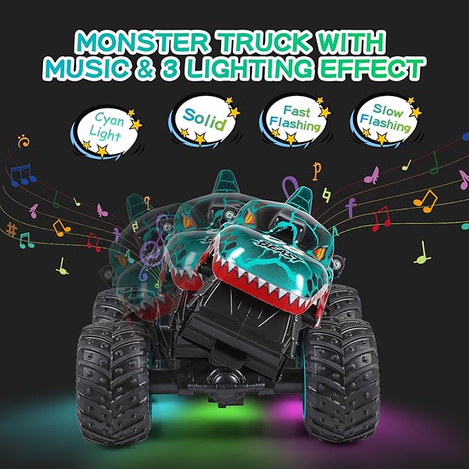 Remote Control Car, 2.4Ghz All Terrain Dinosaur Monster Truck Toys, RC Truck with Music, 3 Lighting Effects, 360 Stunt Capable, All Included Ready to Run, Toy Gifts for Boys and Girls (Cyan)