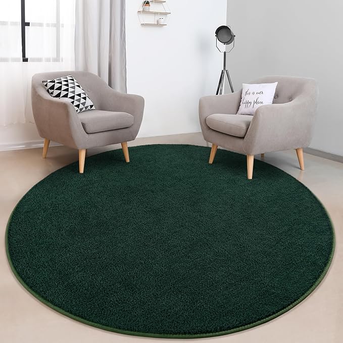 FlyDOIT Round Area Rugs for Bedroom Living Room, 6x6 Dark Green Super Soft Comfy Thickened Memory-Foam Indoor Circle Carpet, Modern Aesthetic Minimalist Carpet for Boys Girls Adults Nursery Home Décor