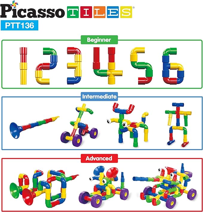 PicassoTiles PTT136 136pcs Tubular Pipes & Spout STEAM Interlocking Educational Building Block Set, Tube Locks, Pipeworks Construction Blocks w/Storage Container Box, Idea Book, Flute Musical Kit