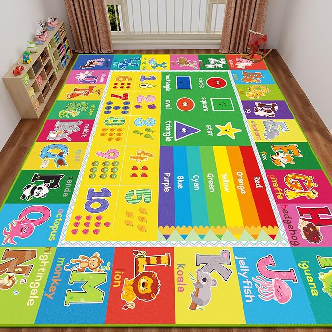 ABC Carpet, Kids Rugs for Playroom, Educational Play Mat for Kids, Preschool Rugs with ABC, Numbers, Animals Learning Rugs for Bedroom Playroom Classroom Baby Toddler Children (Yellow, 78.7X59 INCH)