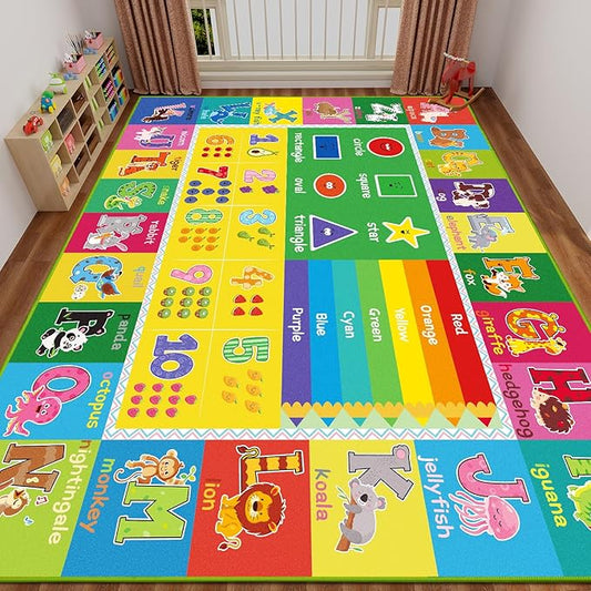 ABC Carpet, Kids Rugs for Playroom, Educational Play Mat for Kids, Preschool Rugs with ABC, Numbers, Animals Learning Rugs for Bedroom Playroom Classroom Baby Toddler Children (Yellow, 78.7X59 INCH)