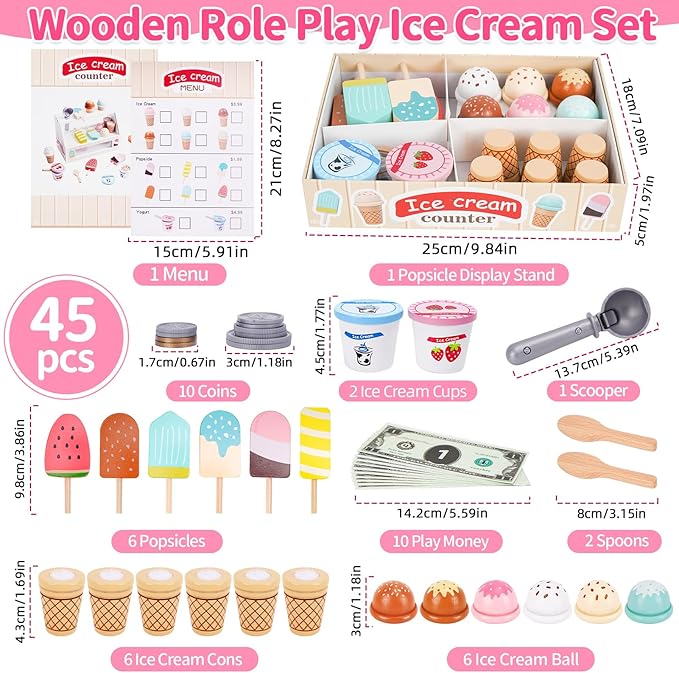 Wooden Ice Cream Toys for Toddlers 3-5, Kids Wooden Toys Play Kitchen Accessories, Play Food Sets for Kids Kitchen, Pretend Play Toys Gifts for 3 4 5 Year Old Girls Boys Birthday Christmas