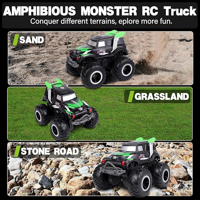 Amphibious Remote Control Cars, 1/20 Stunt RC Rock Crawler Monster Truck Toy with Two Alternative Rechargeable Batteries, All-Terrain 4WD Off-Road Vehicle Toys Gift for Kids Age 8-12 Green