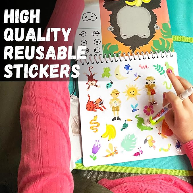 Kids Travel Educational Activity Book with Washable Markers - Car and Airplane Activities, Learning Toys for Toddlers- Reusable Stickers for Ages 4, 5, 6 (Princess & Extra Jungle Book)