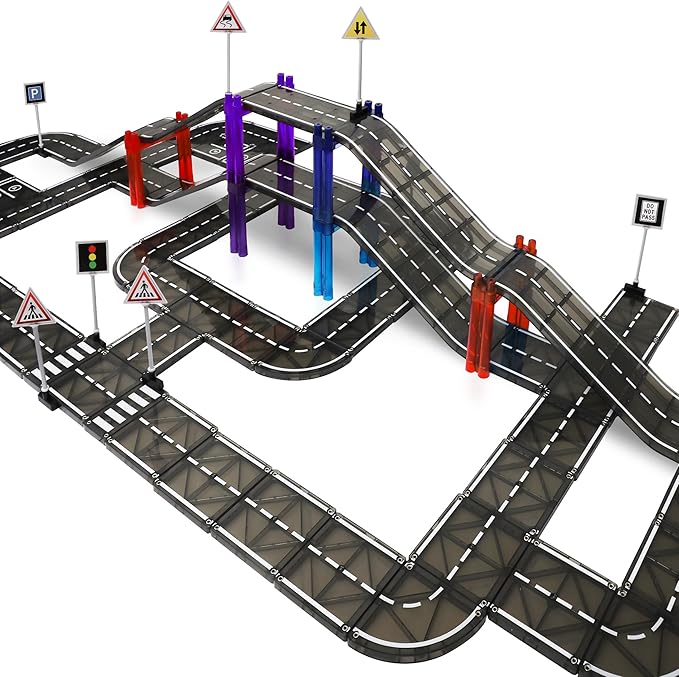 Playmags Magnetic Tiles Road Set for Kids - 130-Pieces Magnet Building Blocks Toy - Durable Creative STEM Learning Toys with Curved & Straight Car Race Track for Kids Ages 3+