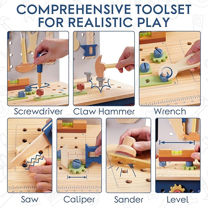 ROBOTIME Kids Tool Bench, Wooden Tool Workbench for Toddler, Tool Bench with Play Tools Set and Large Storage Space, Toy Workbench Workshop for Boys and Girls, Gift for Ages 3+