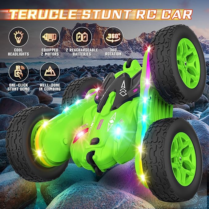 Remote Control Car, Rc Cars Stunt RC Car Toys Upgraded Strip Lights and Headlights Kids Toys Double-Sided 360° Rotating 4WD Drift Truck for Boys Girls Birthday Gift (Green)