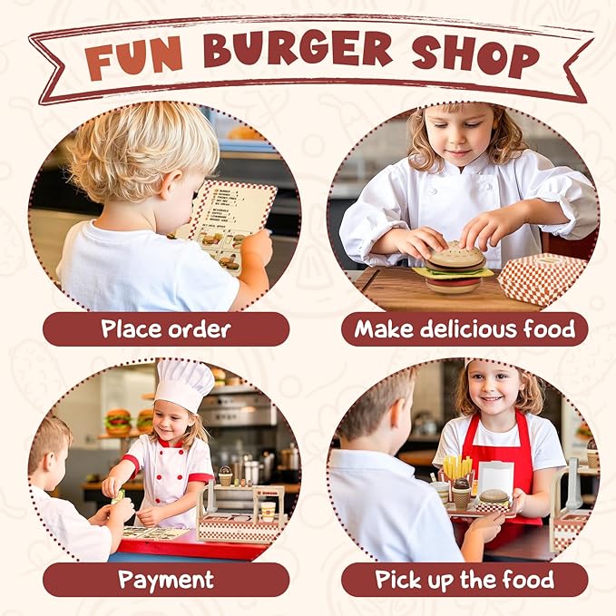 Lehoo Castle Wooden Play Food Sets, Play Hamburger Counter Shop, Toy Food for Toddlers, Play Food Sets for Kids Kitchen, Fake Food Pretend Play for Toddlers 3-5