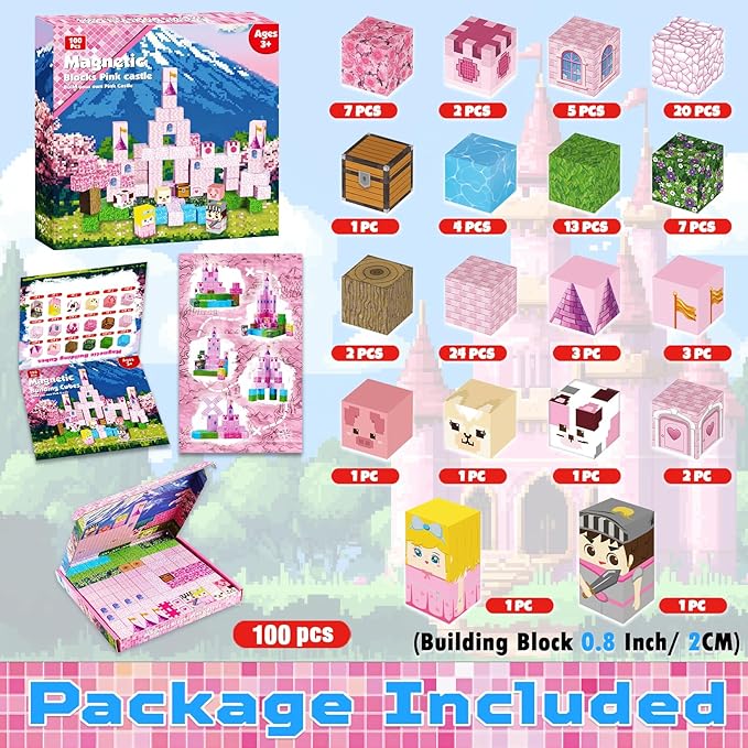 Magnetic Blocks-100PCS Magnetic Building Blocks, Magnetic Castle Princess Castle Garden STEM Magnetic Building Cubes for Toddler Kids Toys, Construction Toys for Kids Ages 3+