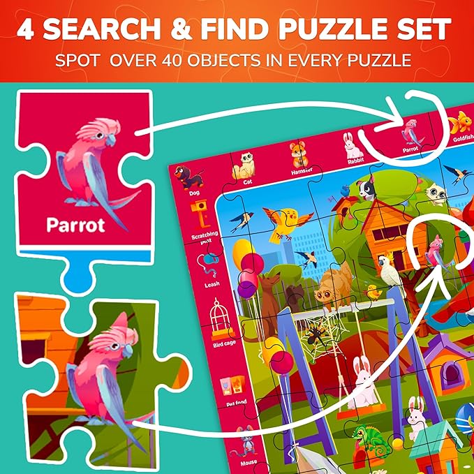 QUOKKA Puzzles for Kids Ages 4-6 - Toddler Puzzles Ages 3-5 - 4-Pack 60 Piece Search and Find Animals Jigsaw Puzzle 6-8 - Learning Toys for 3 Year Old Boys and Girls - Educational Games Gift