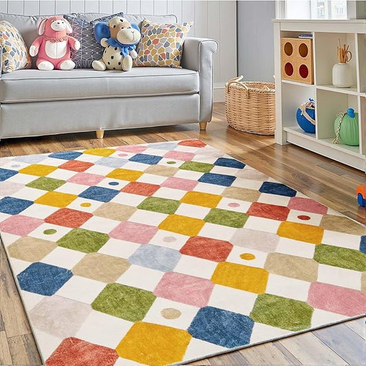 jinchan Area Rug 3x5 Kids Washable Indoor Floor Cover Non Slip Modern Soft Rug Living Room Diamond Carpet Holiday Decor for Nursery Dining Room Bedroom Circus on Cream