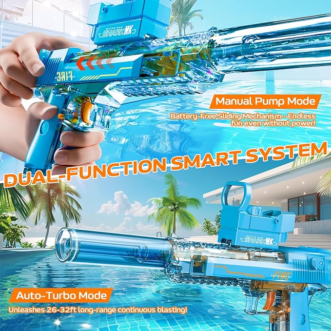 Electric Water Gun for Adults Kids, Automatic Squirt Watergun Pistol with Led Lights, Summer Outdoor Pool Beach Party Toys, Blue