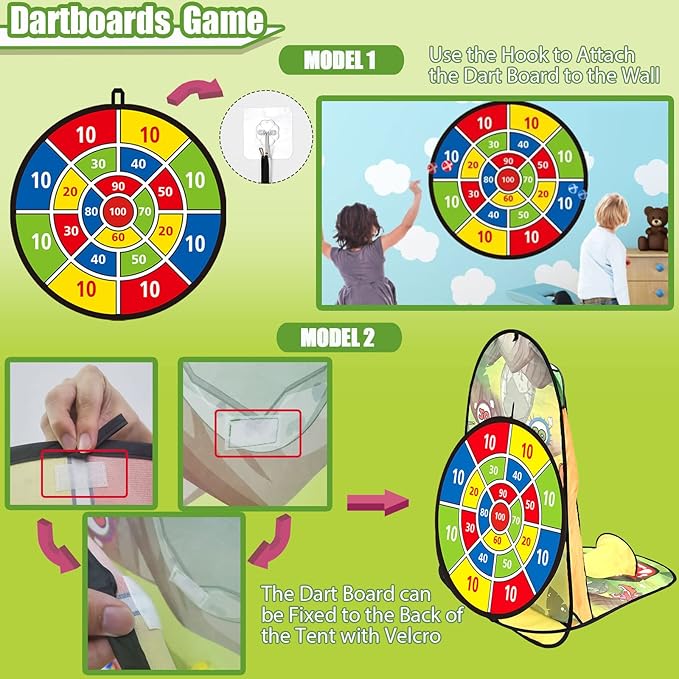 unanscre 3 in 1 Bean Bag Toss Game Toy Outdoor for Kids, Dinosaur Foldable Cornhole Board with Pop Up Basketball Game and Dartboard Set, Gift for Birthday/Xmas Party, Outside Toys for Toddlers Age 3+