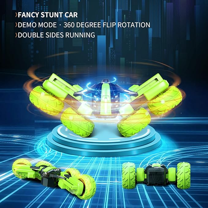 Remote Control Car for Kids 3-12 Years Old, Birthday Gift Toy for Boys Age 4 5 6 7 8, RC Car Stunt with Light 4WD Double Side Racing Vehicle 360° Flips Offroad Indoor Outdoor Sand Grass Garden Green