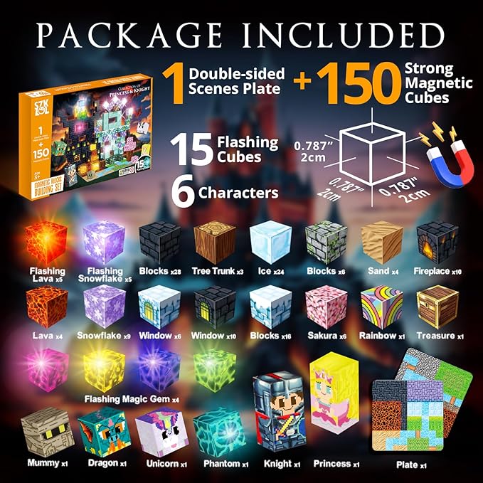 150 PCS Magnetic Building Toys, Magnetic Building Blocks with Light, magnetic cubes Princess & Knight Theme Light Up, STEM Sensory Stacking Build Mine Set for Kid Age 3+ (150pcs with 15 Flashing Cubes