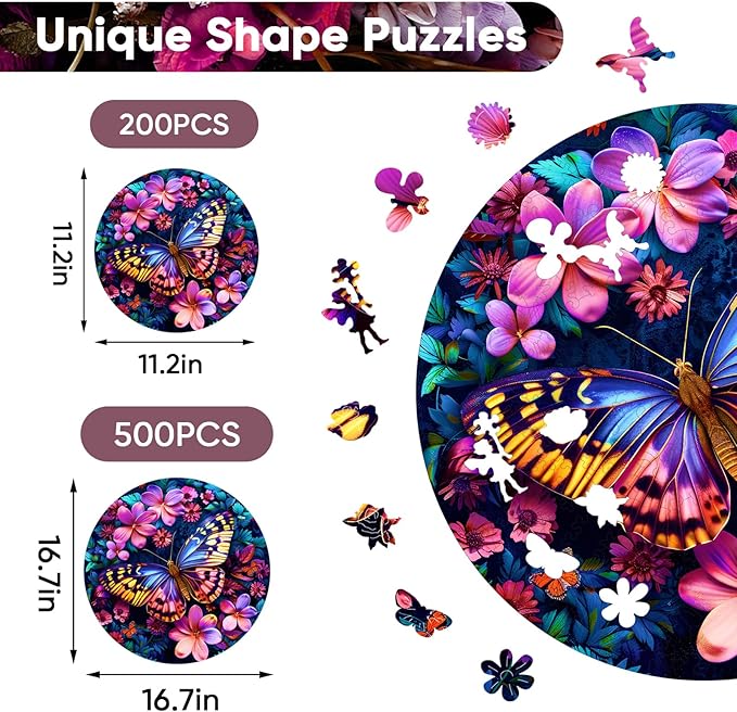 Colorful Butterfly 500 Pieces Wooden Jigsaw Puzzles for Adults with Unique Irregular Shape Fun Challenging Puzzles for Kids and Couples on Birthday,Children's Day,Christmas,16.7"x16.7"