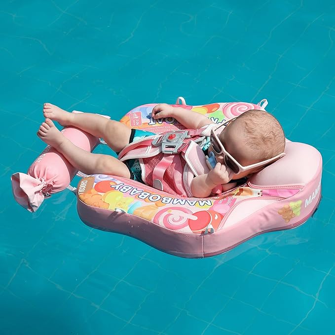 Mambobaby Float Add Tail Baby Swim Float with Canopy Solid Pool Infant Swim Trainer Swimming Training Lying Air Free Water Floats Non-Inflatable Waist Swim Ring for Toddlers (Candy)
