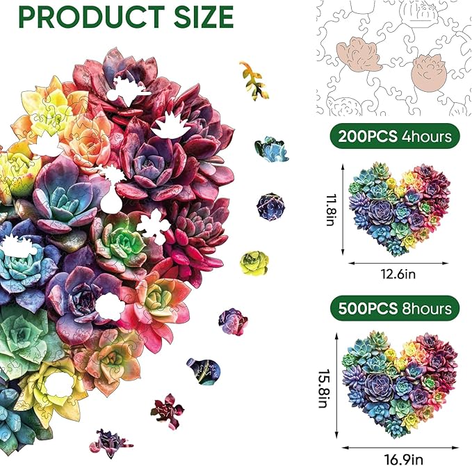 Heart Succulent Puzzles for Adults 500 Pieces, 5MM Thick Unique Shaped Flower Jigsaw Puzzles Birthday Gifts for Kids Family Game 15.8 * 16.9inch