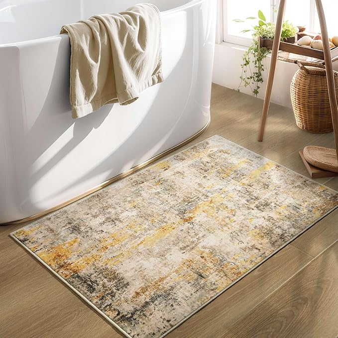 Entryway Rug 3x5 Beige Bedroom Area Rug Washable Non Slip Abstract Boho Rugs for Indoor Entry, Kitchen, Classroom, Bathroom, Kids Girls Room, Office, College Dorm Small Carpet