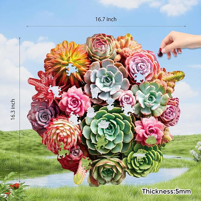 Succulent Bouquet Wooden Puzzles for Adults, 500 Pieces Mandala Round Jigsaw Puzzles, Royal Size Unique Shaped Liberty Wood Puzzle Gift for Kids, Family Game 16.7'' x 16.3''