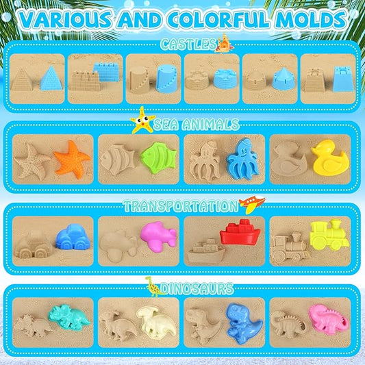 Beach Toys, 35Pcs Sand Toys with 3 Construction Vehicles, 3 Collapsible Beach Bucket, Sand Castle Building Kit, Sand Molds, Shovel Set, Mesh Bag, Travel Toys for Toddlers Kids Boys Girls