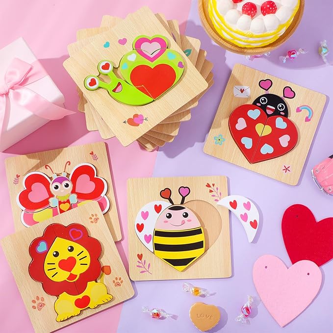 Capoda 12 Pack Valentines Animal Wooden Puzzles Wood Animal Jigsaw for Toddlers Montessori Preschool Learning Games Educational Toys for Boys Girls Classroom Exchange Gifts Party Favors