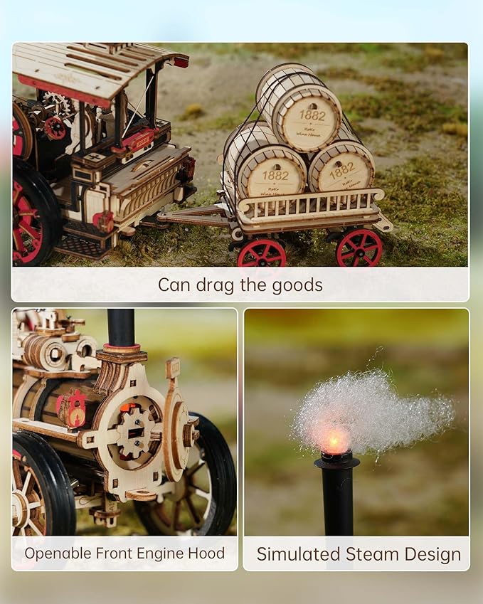 ROKR 3D Puzzle for Adults 469pcs Electric Vintage Car Steam Engine Model Kits, Mechanical Wooden Assembly Puzzles Vehicle DIY Hobbies Christmas Gifts for Men Women