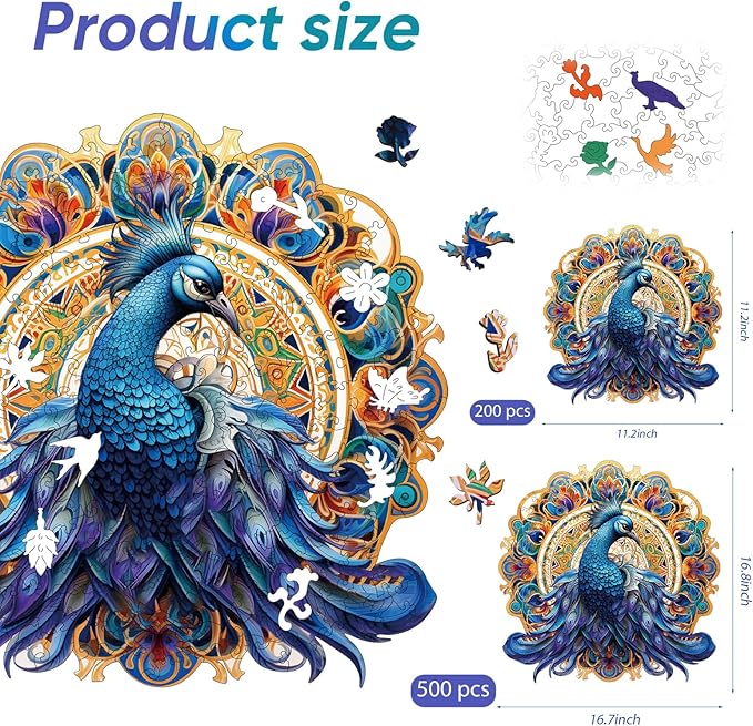 Blue Peacock 200 Pieces Wooden Jigsaw Puzzles for Adults with Unique Irregular Shape Fun Challenging Bird Puzzles for Kids and Couples on Birthday,Children’s Day,Christmas 11.2" x 11.2"
