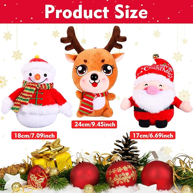 Threan 3 Pcs Christmas Plush Toy Doll Set Christmas Santa Stuffed Animal Toy Reindeer Cute Snowman Elk Claus Plush Gifts Xmas Party Favors Home Office Decor for Adults Boy Girl(Snowman, Santa, Elk)