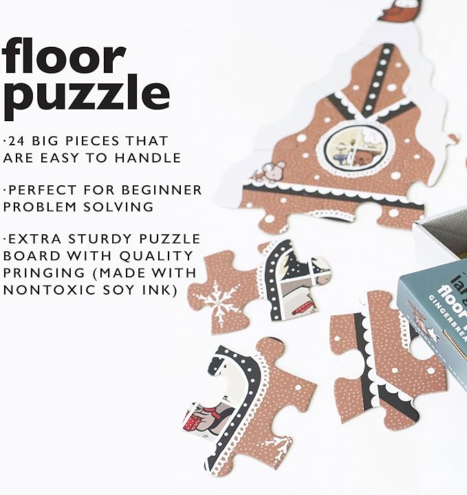 Gingerbread House Floor Puzzle, 24 Large Pieces, Winter Holiday Animals, Traditional Decoration, Learning Activity Toy, Brain Games, Train Motor Skills, Puzzles for Preschool, Toddler, Children, Kids