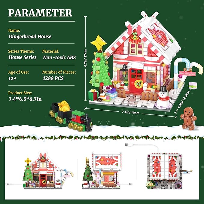 Gingerbread House Building Block Set for Girls 12+ - Pink Christmas Village With LED Lights, Tree, and Train - 1288Pcs for Adults