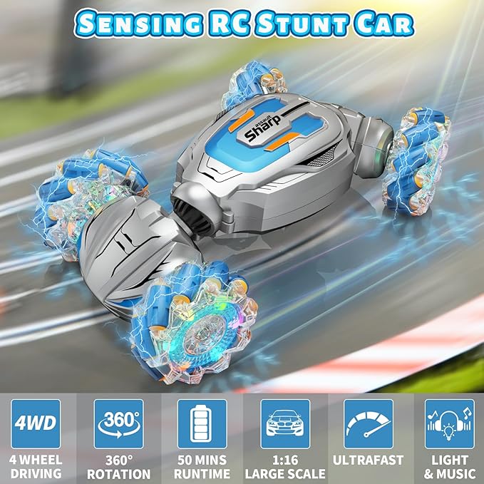 Gesture Sensing RC Stunt Car, Remote Control Car Birthday gifts for kids Age 6-12, 2.4Ghz Hand Controlled Twist Cars, 360° Rotating Transform Off Road Car Toy for Boys Girls Age 6 7 8 9 10 11+ (Gray)