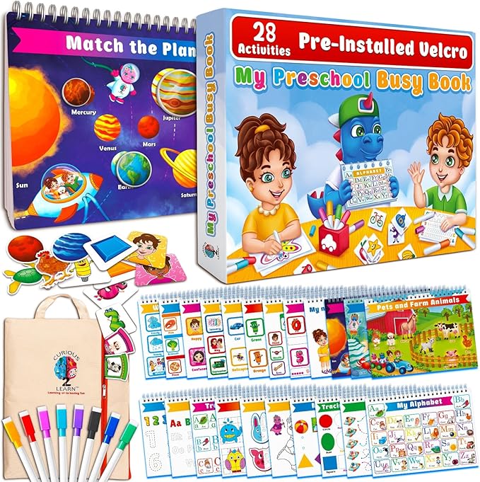 Curious 2 Learn Montessori pre-Assembled Busy Book for Toddlers Ages 3 and Up, Pre K Preschool Learning Activities Book - Autism Sensory Learning & Education Toys Kindergarten Workbook (Blue)