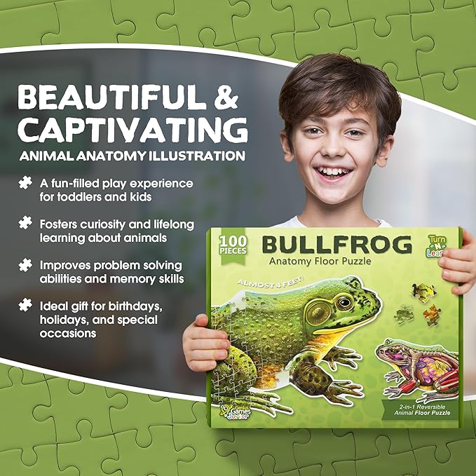 Bullfrog Animal Anatomy Floor Puzzle | 100-Piece Double Sided Jigsaw Puzzle | Large-Sized, Over 4 Feet Scientifically Accurate Illustration of Frog - Fun and Educational Toy for Kids, Toddlers