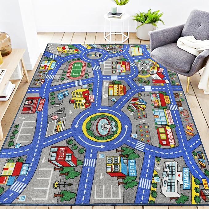 Kids Rug 6'6" x 5'0" City Life Playmat Area Rug Car City Map Washable Traffic Road Educational Learning Nursery Rug Carpet for Children Playroom Living Room Bedroom Classroom Decor Dark Blue