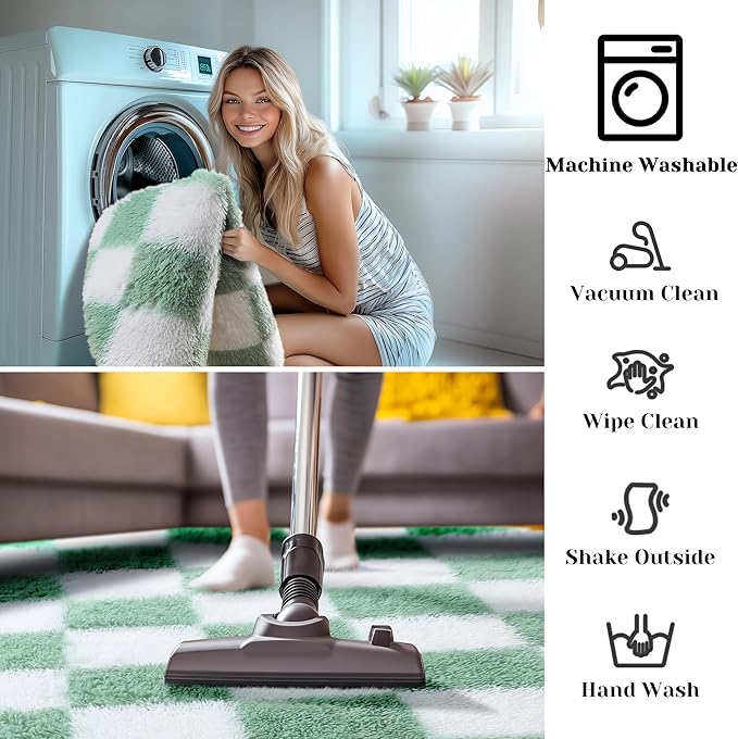 KICMOR Round Rug 4ft for Bedroom, Fluffy Soft Circle Area Rug Cute Small Living Room Carpet, Sage Green and White Fuzzy Shag Shaggy Checkered Circular Rugs for Kids Room Nursery Home Decor Aesthetic