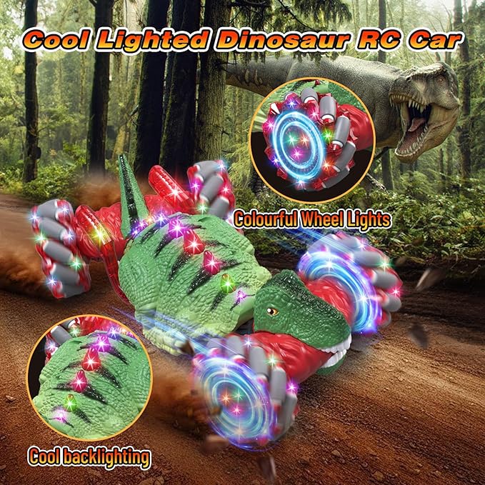 Remote Control Car，Dinosaur Toys car for Kids，2.4GHz LED Gesture Sensing RC Car，4WD Rotation RC Stunt Car with Lights and Music，Dino Toys for Kids Ages 3 4 5 6 7 Gifts for Boys Girls(Red)